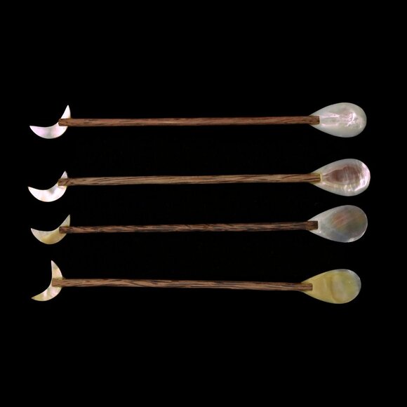 Handmade Spoons Set of 4 Mother of Pearl Long Wood Handles Ice Tea Spoon - Picture 3 of 5